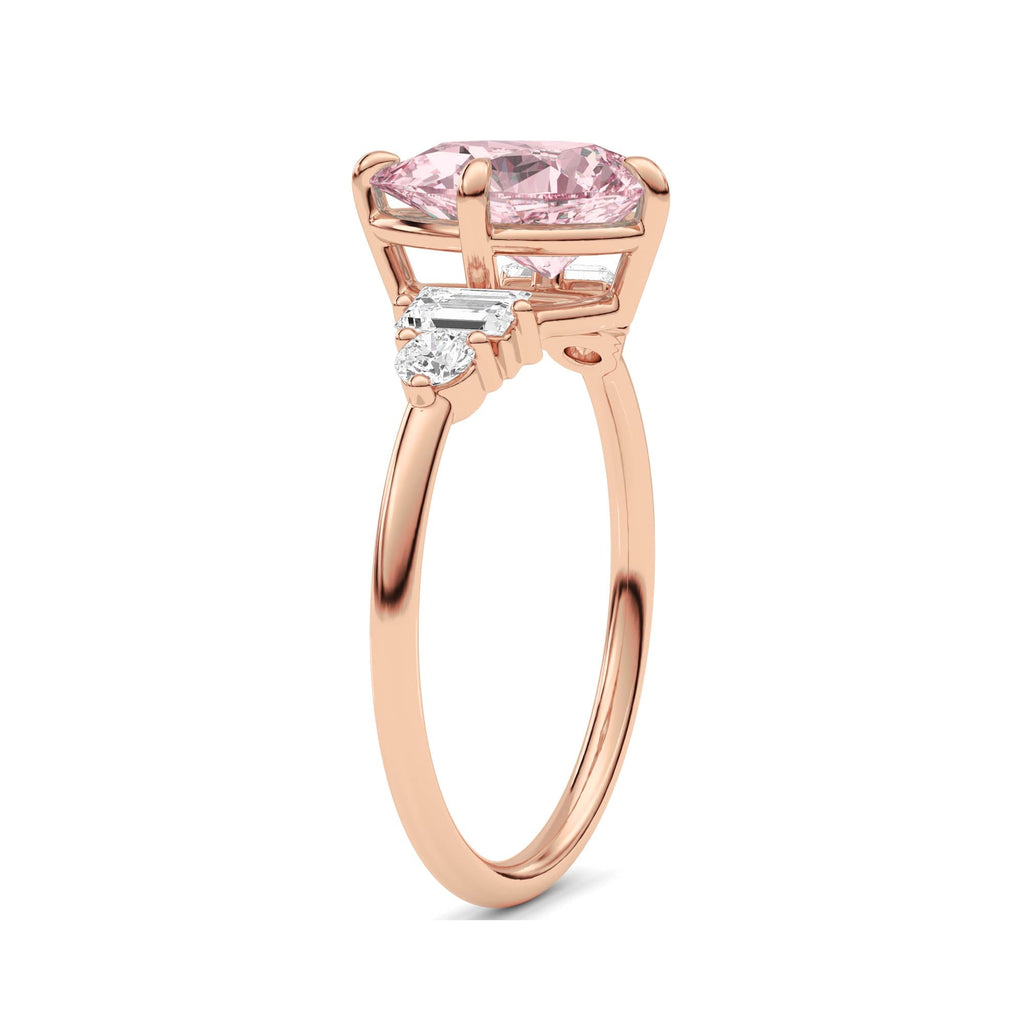 Rose gold Fancy Pink Pear Cut Three Stone Diamond Engagement Ring with Tapered Baguette and Round Side Stones