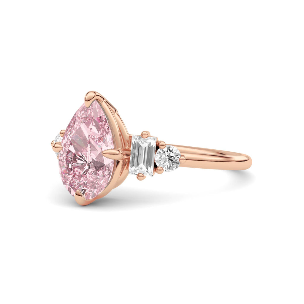Rose gold Fancy Pink Pear Cut Three Stone Diamond Engagement Ring with Tapered Baguette and Round Side Stones