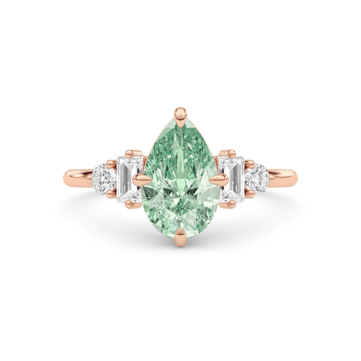 Rose gold Fancy Green Pear Cut Three Stone Diamond Engagement Ring with Tapered Baguette and Round Side Stones