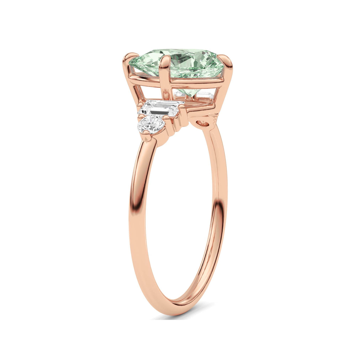 Rose gold Fancy Green Pear Cut Three Stone Diamond Engagement Ring with Tapered Baguette and Round Side Stones