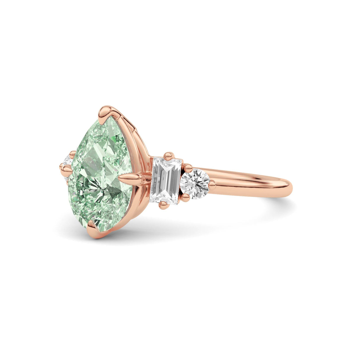 Rose gold Fancy Green Pear Cut Three Stone Diamond Engagement Ring with Tapered Baguette and Round Side Stones