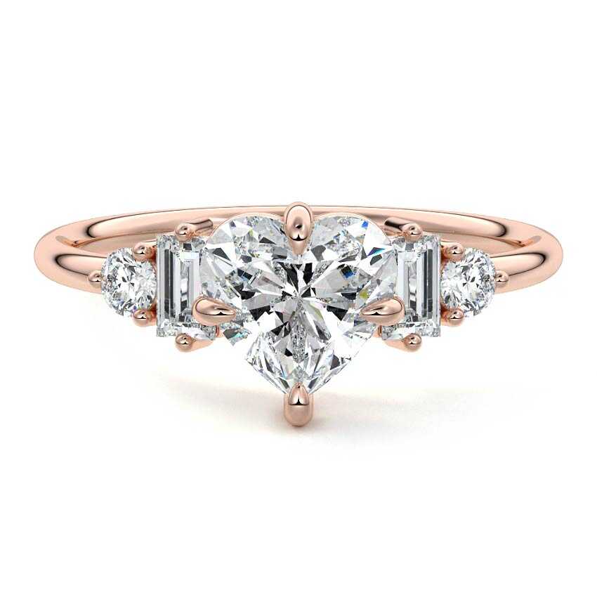 Rose gold Heart Three Stone Diamond Engagement Ring with Tapered Baguette and Round Side Stones