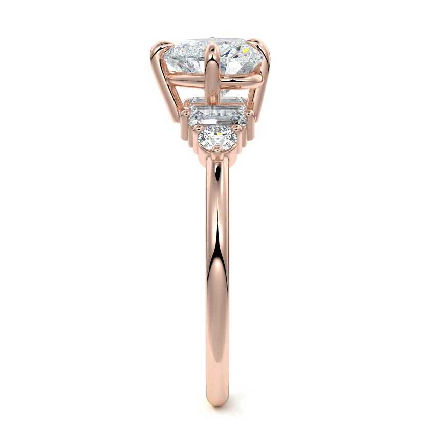 Rose gold Heart Three Stone Diamond Engagement Ring with Tapered Baguette and Round Side Stones