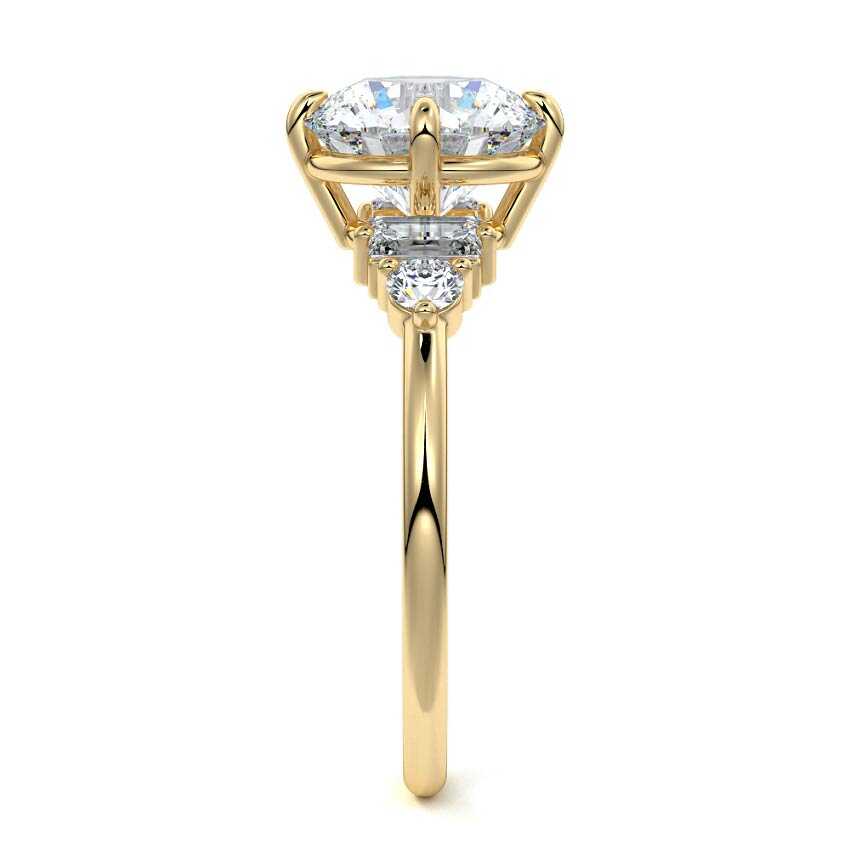 Yellow gold Round Three Stone Diamond Engagement Ring with Tapered Baguette and Round Side Stones
