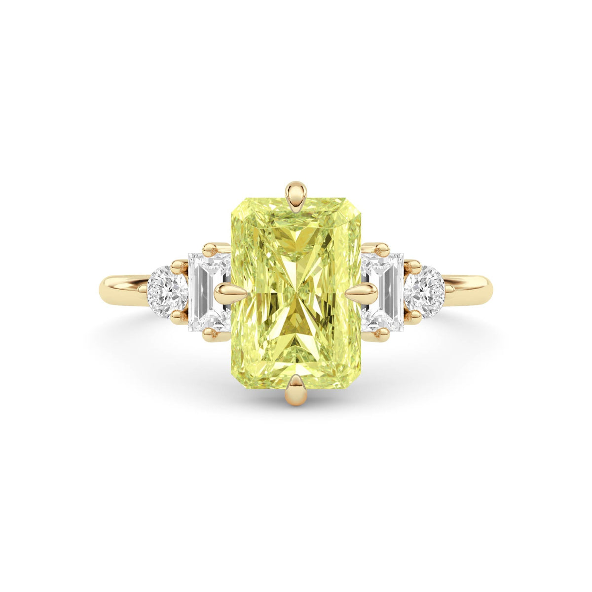 Yellow gold Fancy Yellow Radiant Cut Three Stone Diamond Engagement Ring with Tapered Baguette and Round Side Stones