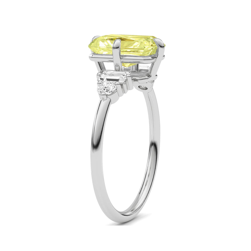 Yellow gold Fancy Yellow Radiant Cut Three Stone Diamond Engagement Ring with Tapered Baguette and Round Side Stones
