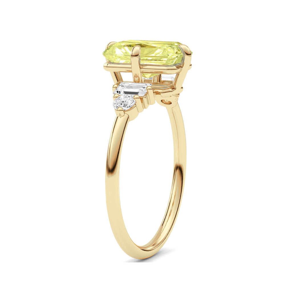 Yellow gold Fancy Yellow Radiant Cut Three Stone Diamond Engagement Ring with Tapered Baguette and Round Side Stones