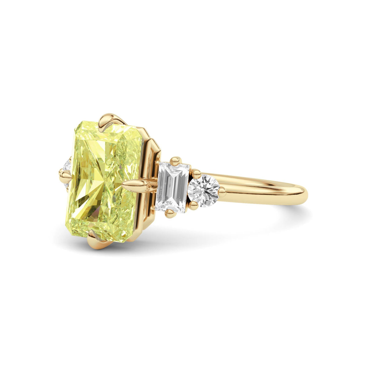 Yellow gold Fancy Yellow Radiant Cut Three Stone Diamond Engagement Ring with Tapered Baguette and Round Side Stones