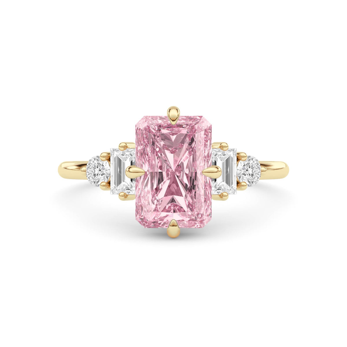 Yellow gold Fancy Pink Radiant Cut Three Stone Diamond Engagement Ring with Tapered Baguette and Round Side Stones