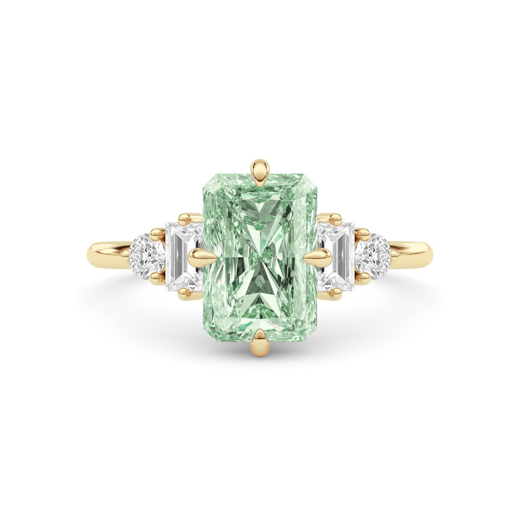 Yellow gold Fancy Green Radiant Cut Three Stone Diamond Engagement Ring with Tapered Baguette and Round Side Stones