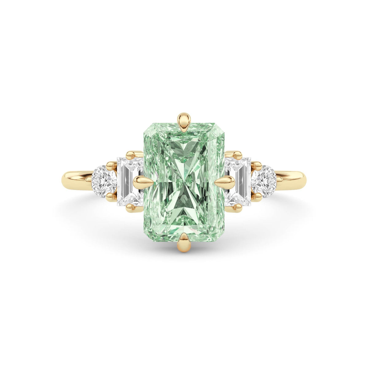 Yellow gold Fancy Green Radiant Cut Three Stone Diamond Engagement Ring with Tapered Baguette and Round Side Stones