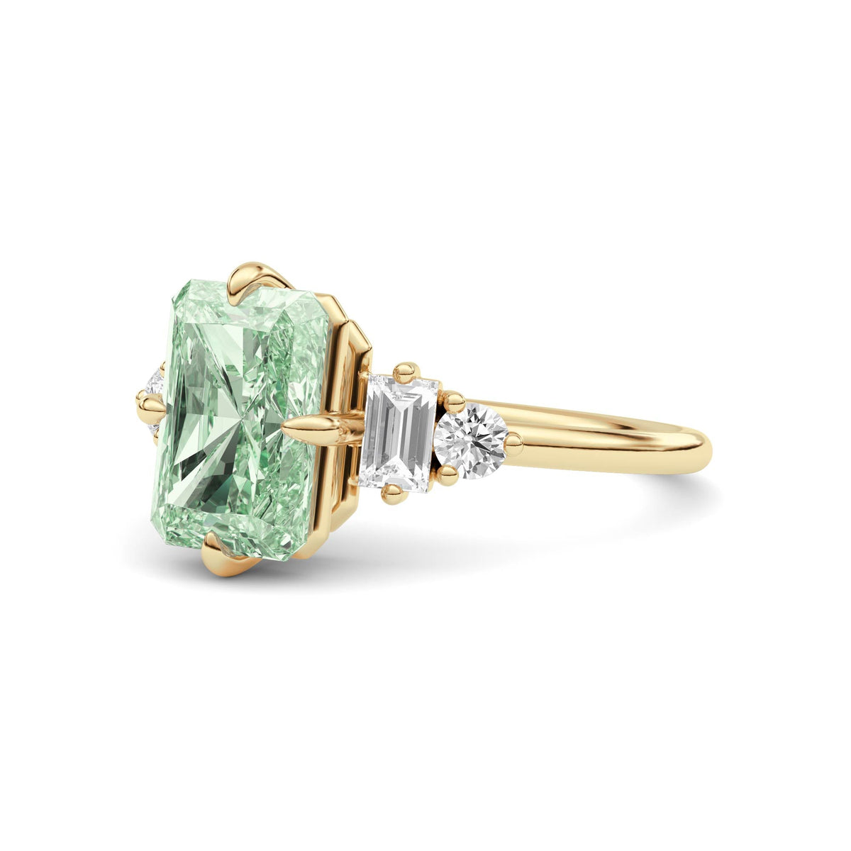 Yellow gold Fancy Green Radiant Cut Three Stone Diamond Engagement Ring with Tapered Baguette and Round Side Stones