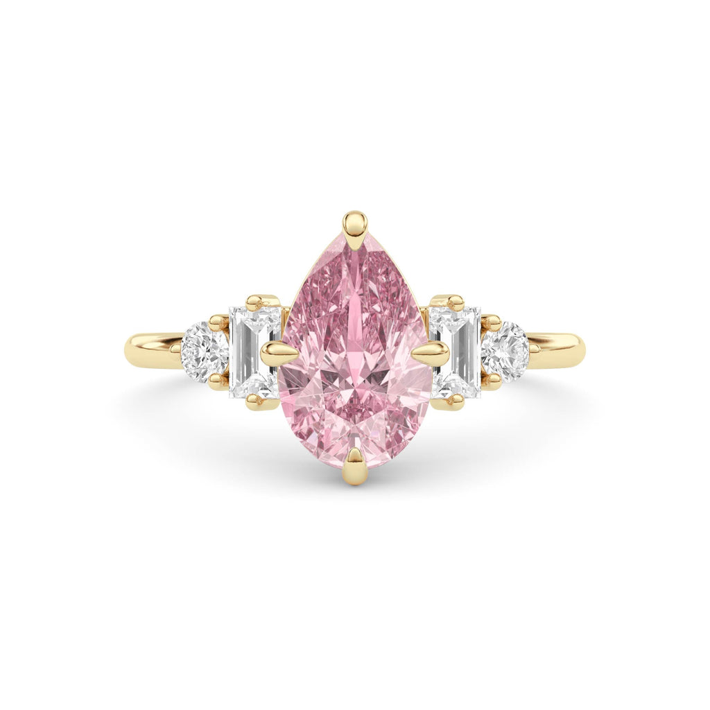 Yellow gold Fancy Pink Pear Cut Three Stone Diamond Engagement Ring with Tapered Baguette and Round Side Stones