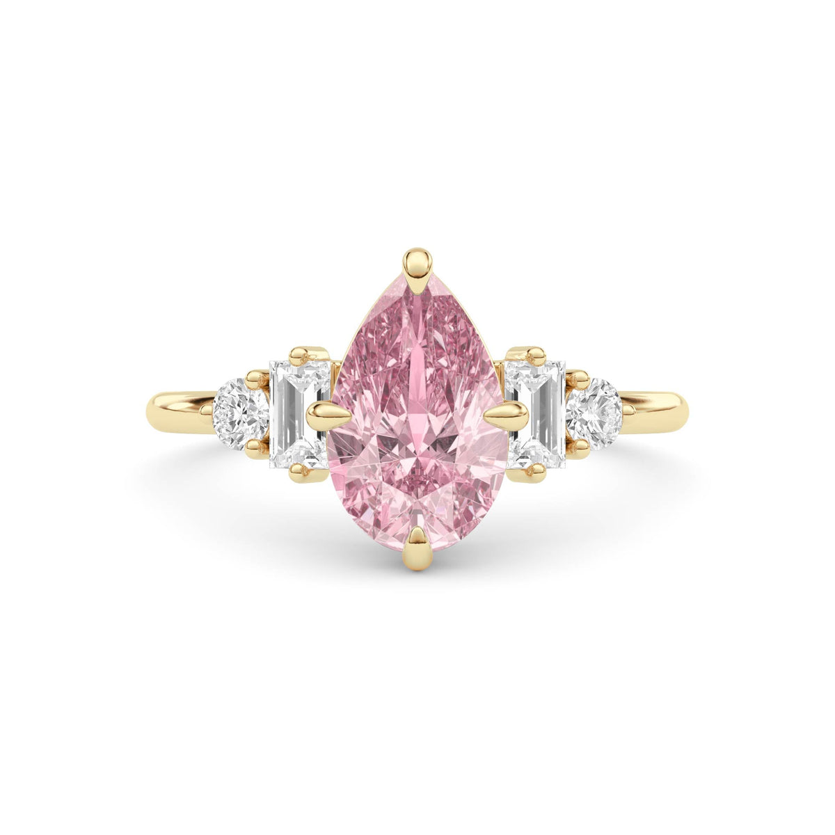 Yellow gold Fancy Pink Pear Cut Three Stone Diamond Engagement Ring with Tapered Baguette and Round Side Stones