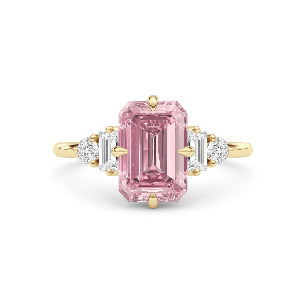 Yellow gold Fancy Pink Emerald Cut Three Stone Diamond Engagement Ring with Tapered Baguette and Round Side Stones