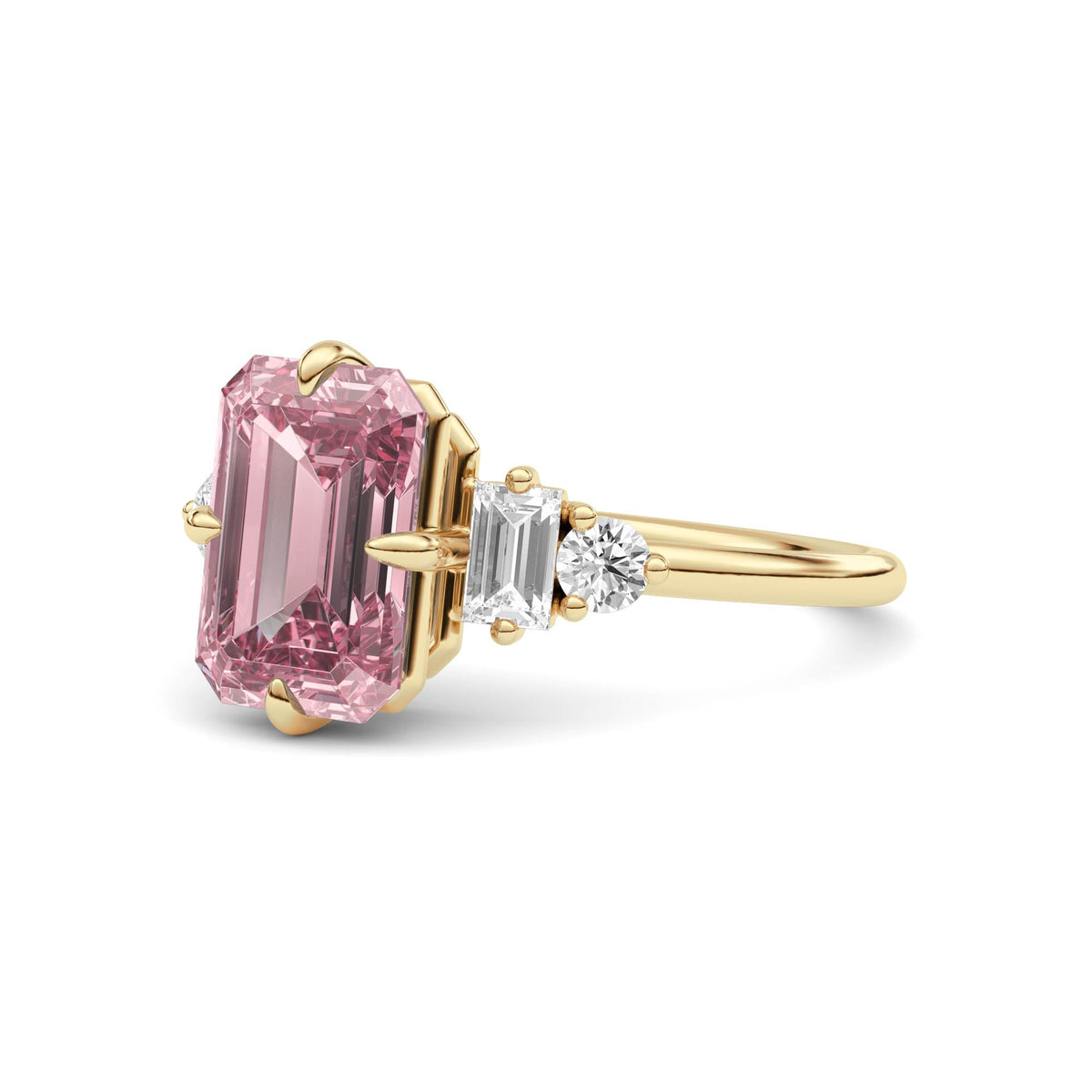 Yellow gold Fancy Pink Emerald Cut Three Stone Diamond Engagement Ring with Tapered Baguette and Round Side Stones