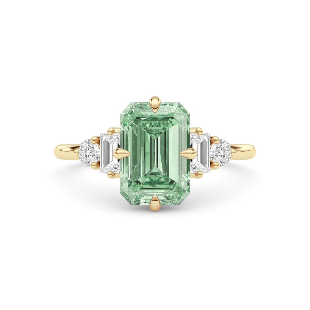 Yellow gold Fancy Green Emerald Cut Three Stone Diamond Engagement Ring with Tapered Baguette and Round Side Stones