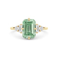 Yellow gold Fancy Green Emerald Cut Three Stone Diamond Engagement Ring with Tapered Baguette and Round Side Stones