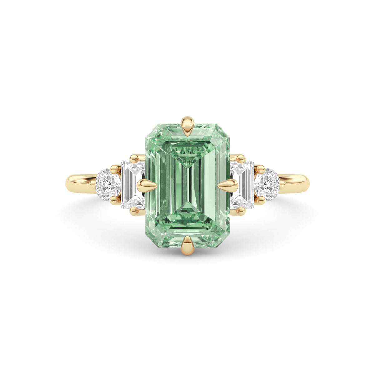 Yellow gold Fancy Green Emerald Cut Three Stone Diamond Engagement Ring with Tapered Baguette and Round Side Stones