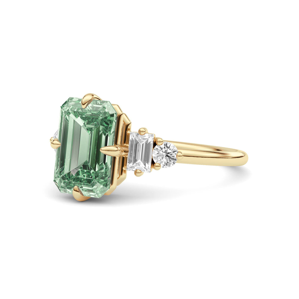 Yellow gold Fancy Green Emerald Cut Three Stone Diamond Engagement Ring with Tapered Baguette and Round Side Stones