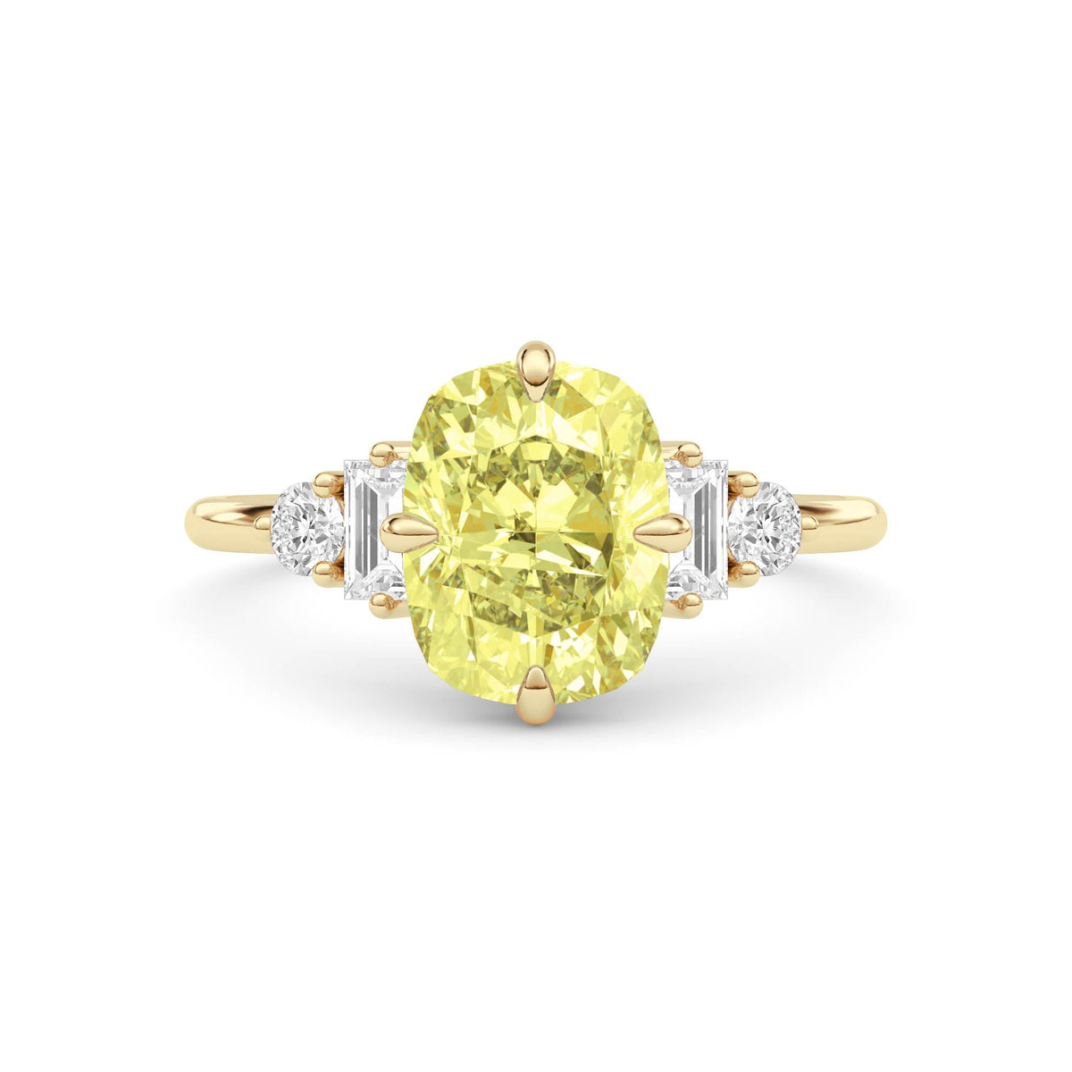 Yellow gold Fancy Yellow Cushion Cut Three Stone Diamond Engagement Ring with Tapered Baguette and Round Side Stones