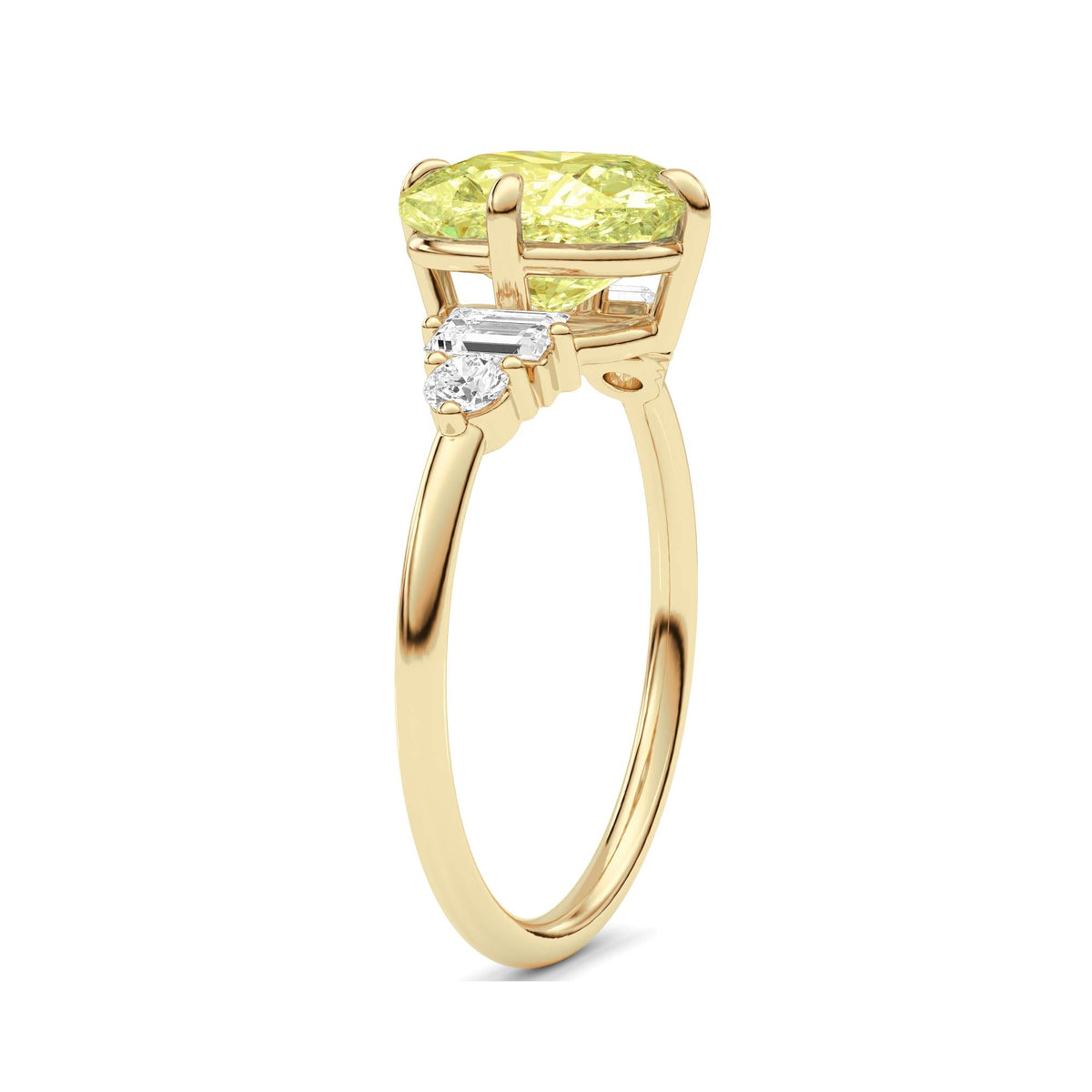 Yellow gold Fancy Yellow Cushion Cut Three Stone Diamond Engagement Ring with Tapered Baguette and Round Side Stones