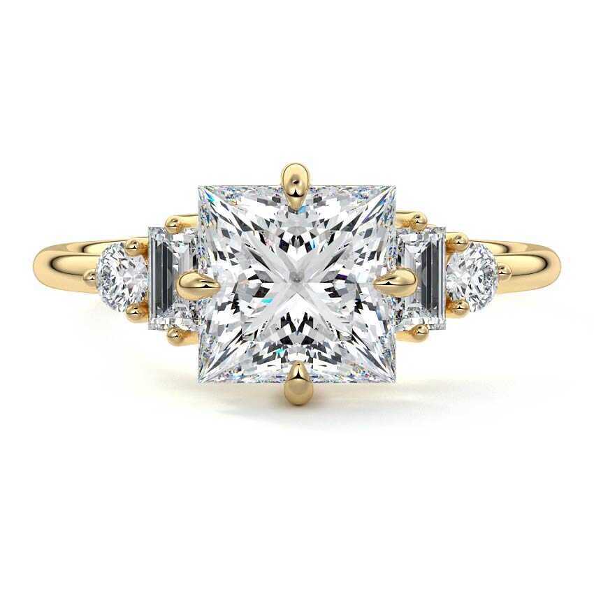 Yellow gold Princess Three Stone Diamond Engagement Ring with Tapered Baguette and Round Side Stones