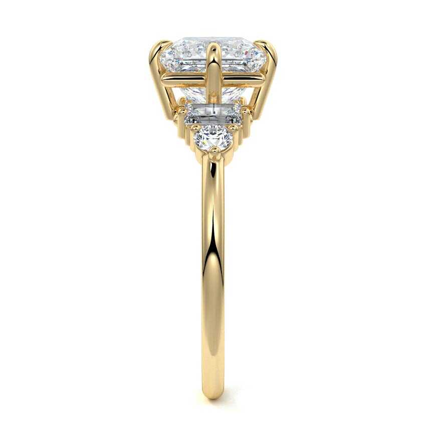 Yellow gold Princess Three Stone Diamond Engagement Ring with Tapered Baguette and Round Side Stones