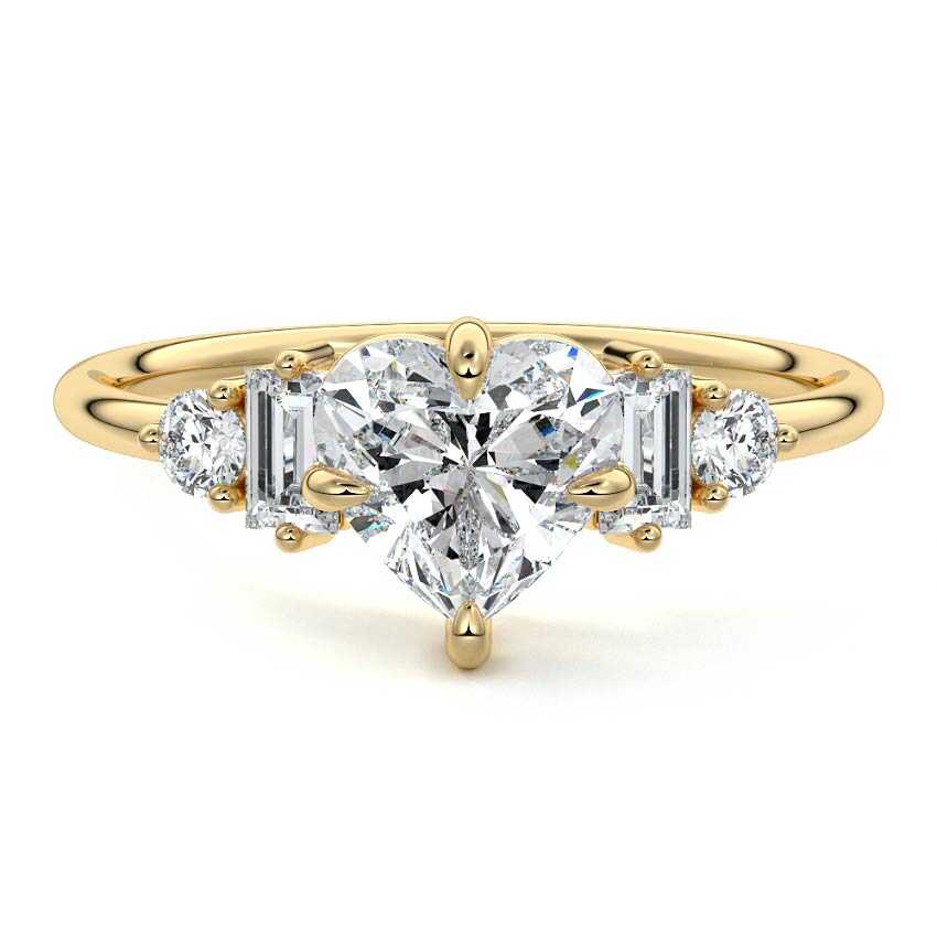 Yellow gold Heart Three Stone Diamond Engagement Ring with Tapered Baguette and Round Side Stones