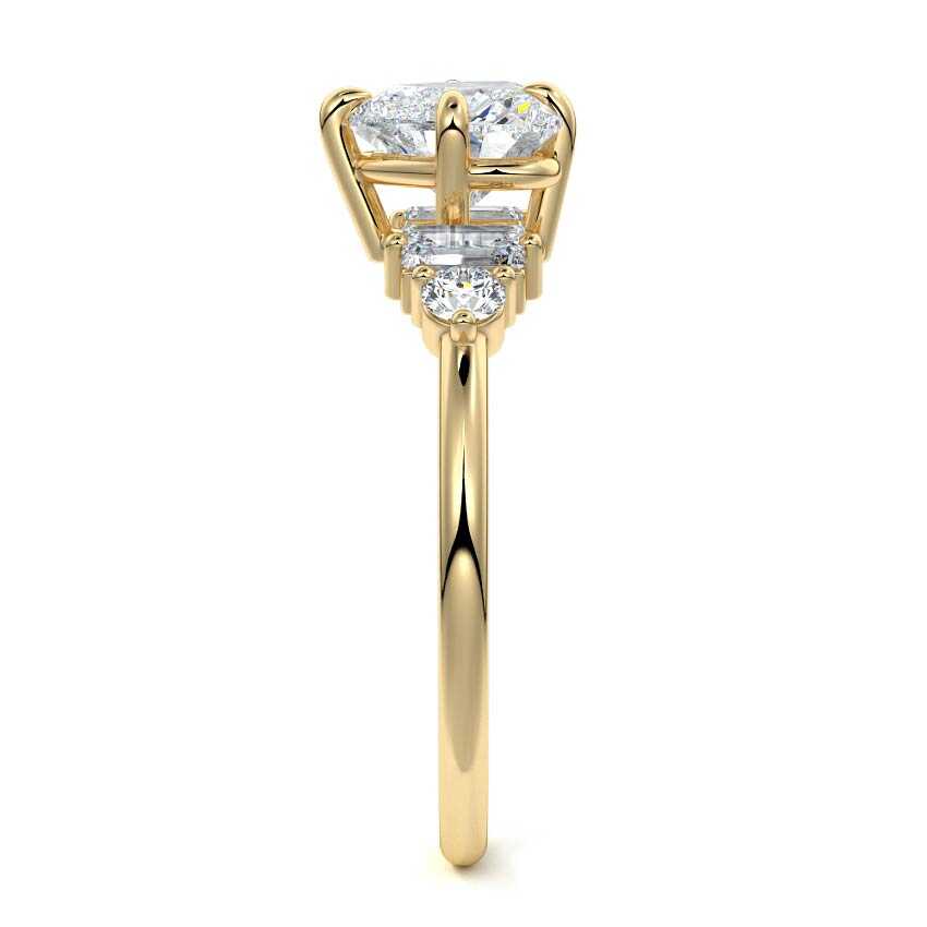 Yellow gold Heart Three Stone Diamond Engagement Ring with Tapered Baguette and Round Side Stones