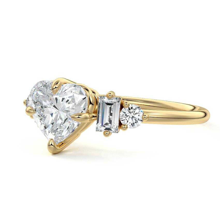 Yellow gold Heart Three Stone Diamond Engagement Ring with Tapered Baguette and Round Side Stones