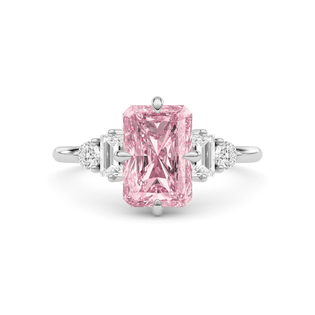 White gold Fancy Pink Radiant Cut Three Stone Diamond Engagement Ring with Tapered Baguette and Round Side Stones