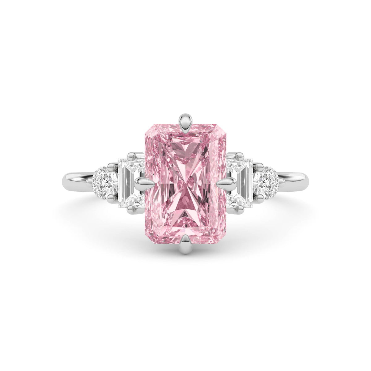 White gold Fancy Pink Radiant Cut Three Stone Diamond Engagement Ring with Tapered Baguette and Round Side Stones