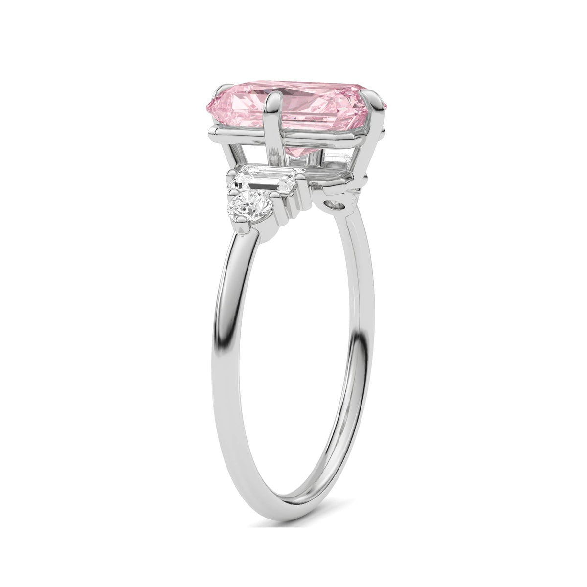 White gold Fancy Pink Radiant Cut Three Stone Diamond Engagement Ring with Tapered Baguette and Round Side Stones