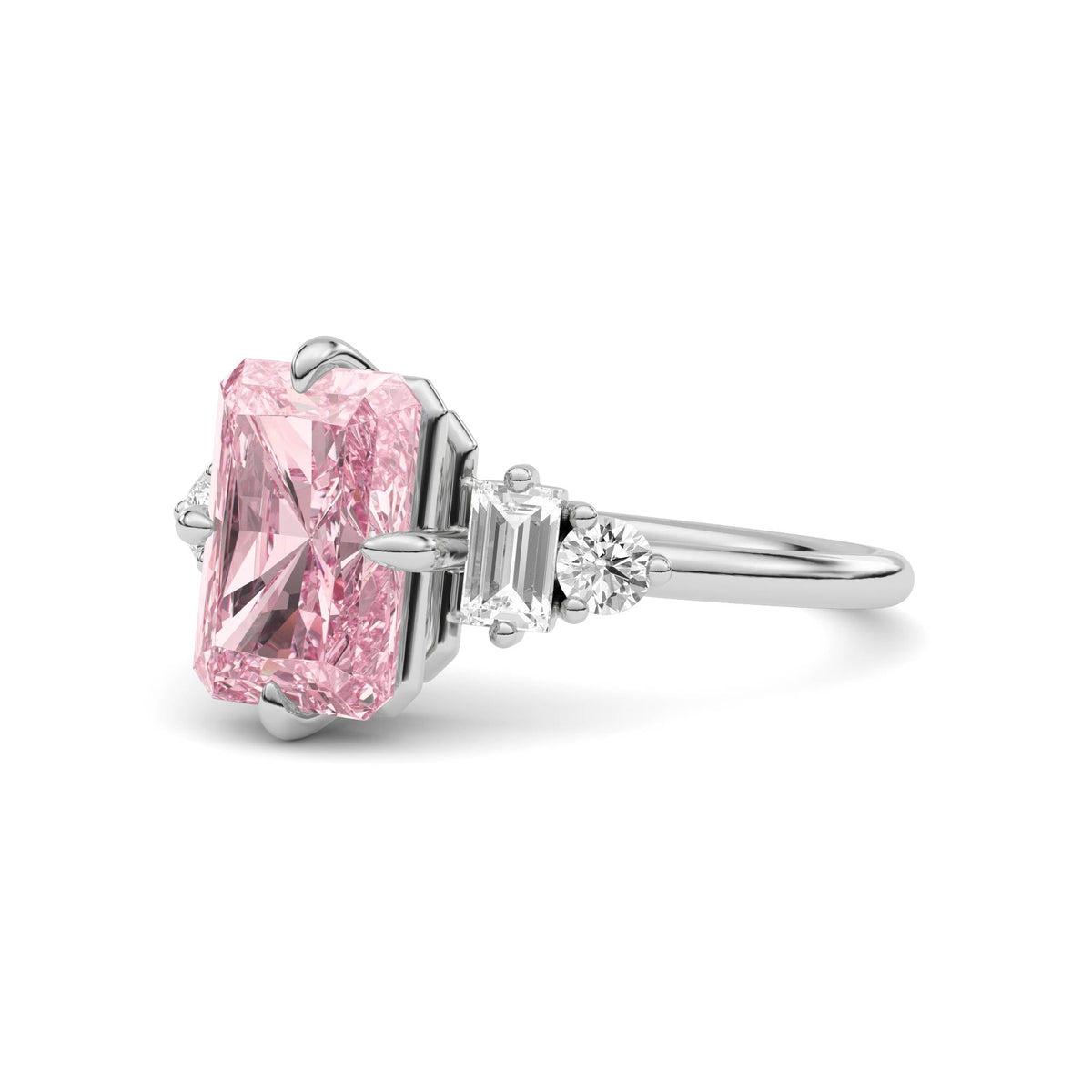 White gold Fancy Pink Radiant Cut Three Stone Diamond Engagement Ring with Tapered Baguette and Round Side Stones