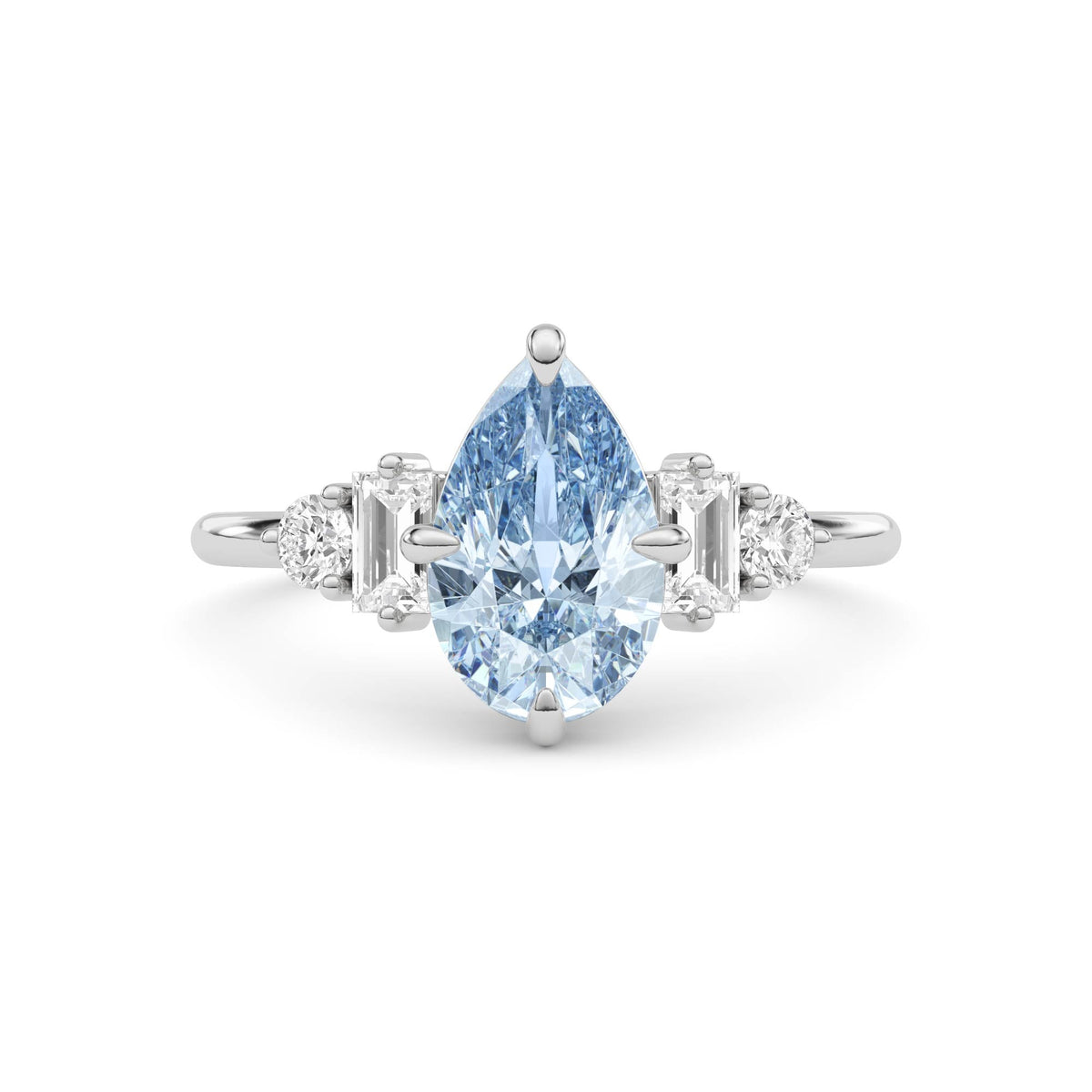 White gold Fancy Blue Pear Cut Three Stone Diamond Engagement Ring with Tapered Baguette and Round Side Stones