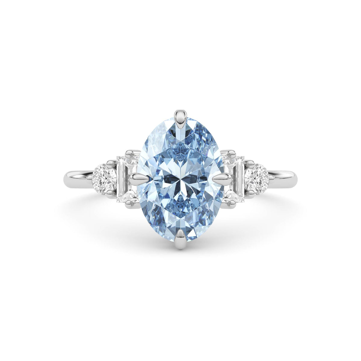 White gold Fancy Blue Oval Cut Three Stone Diamond Engagement Ring with Tapered Baguette and Round Side Stones