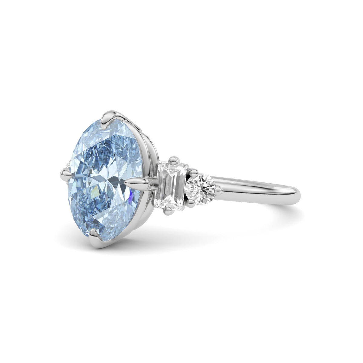 White gold Fancy Blue Oval Cut Three Stone Diamond Engagement Ring with Tapered Baguette and Round Side Stones