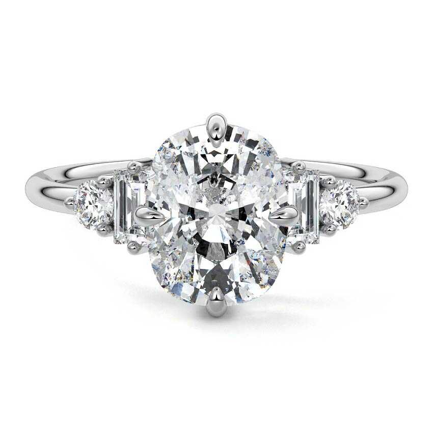 White gold Cushion Three Stone Diamond Engagement Ring with Tapered Baguette and Round Side Stones