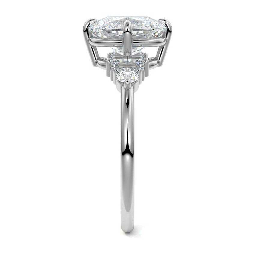 White gold Cushion Three Stone Diamond Engagement Ring with Tapered Baguette and Round Side Stones