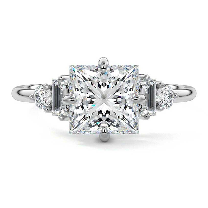White gold Princess Three Stone Diamond Engagement Ring with Tapered Baguette and Round Side Stones