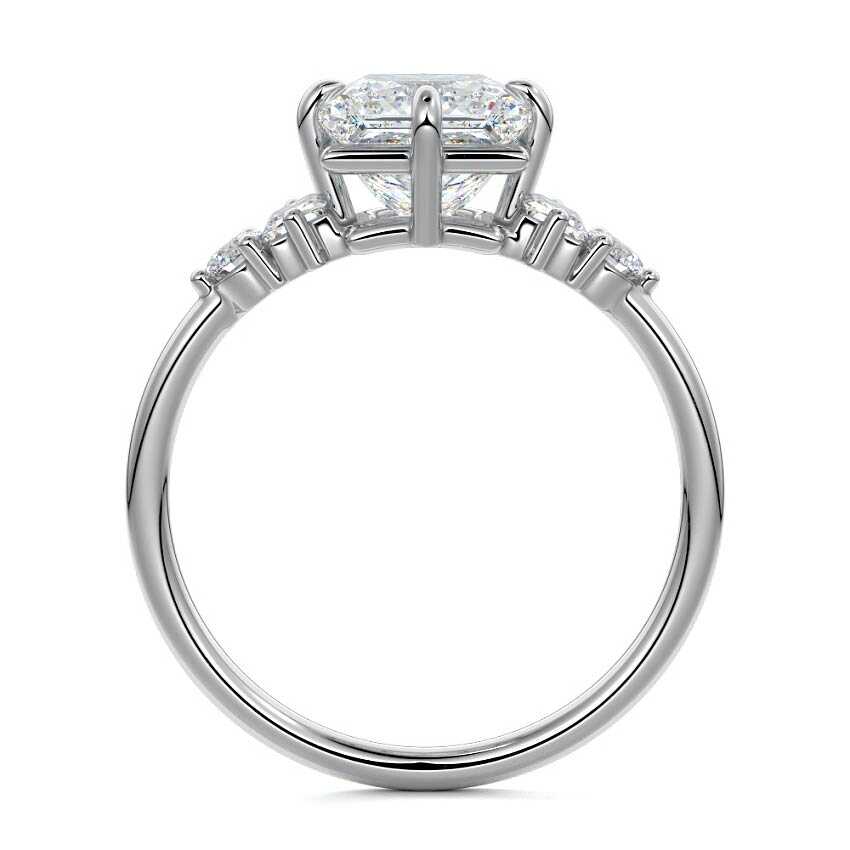 White gold Princess Three Stone Diamond Engagement Ring with Tapered Baguette and Round Side Stones