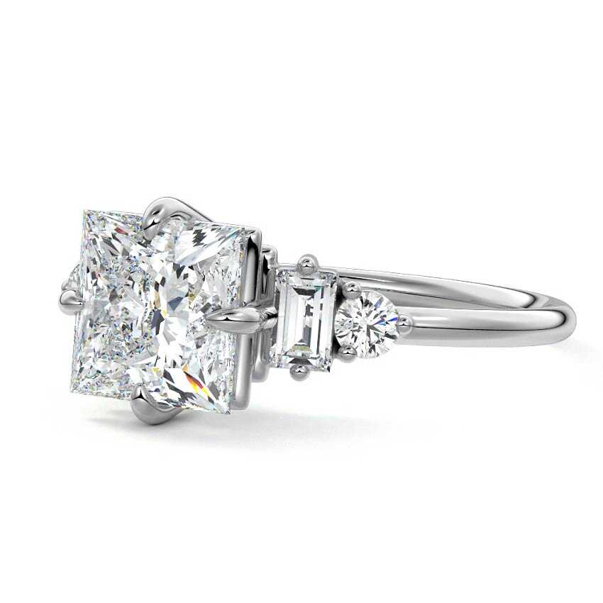 White gold Princess Three Stone Diamond Engagement Ring with Tapered Baguette and Round Side Stones