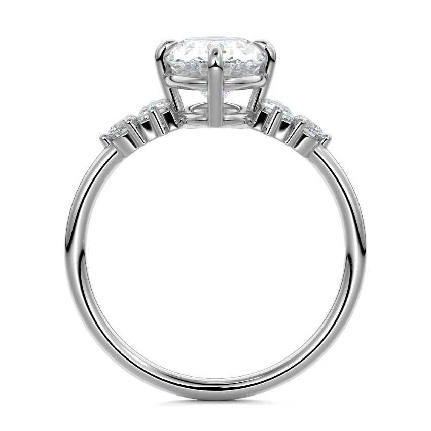 Silver Oval Three Stone Diamond Engagement Ring with Tapered Baguette and Round Side Stones