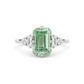 Silver Fancy Green Emerald Cut Three Stone Diamond Engagement Ring with Tapered Baguette and Round Side Stones