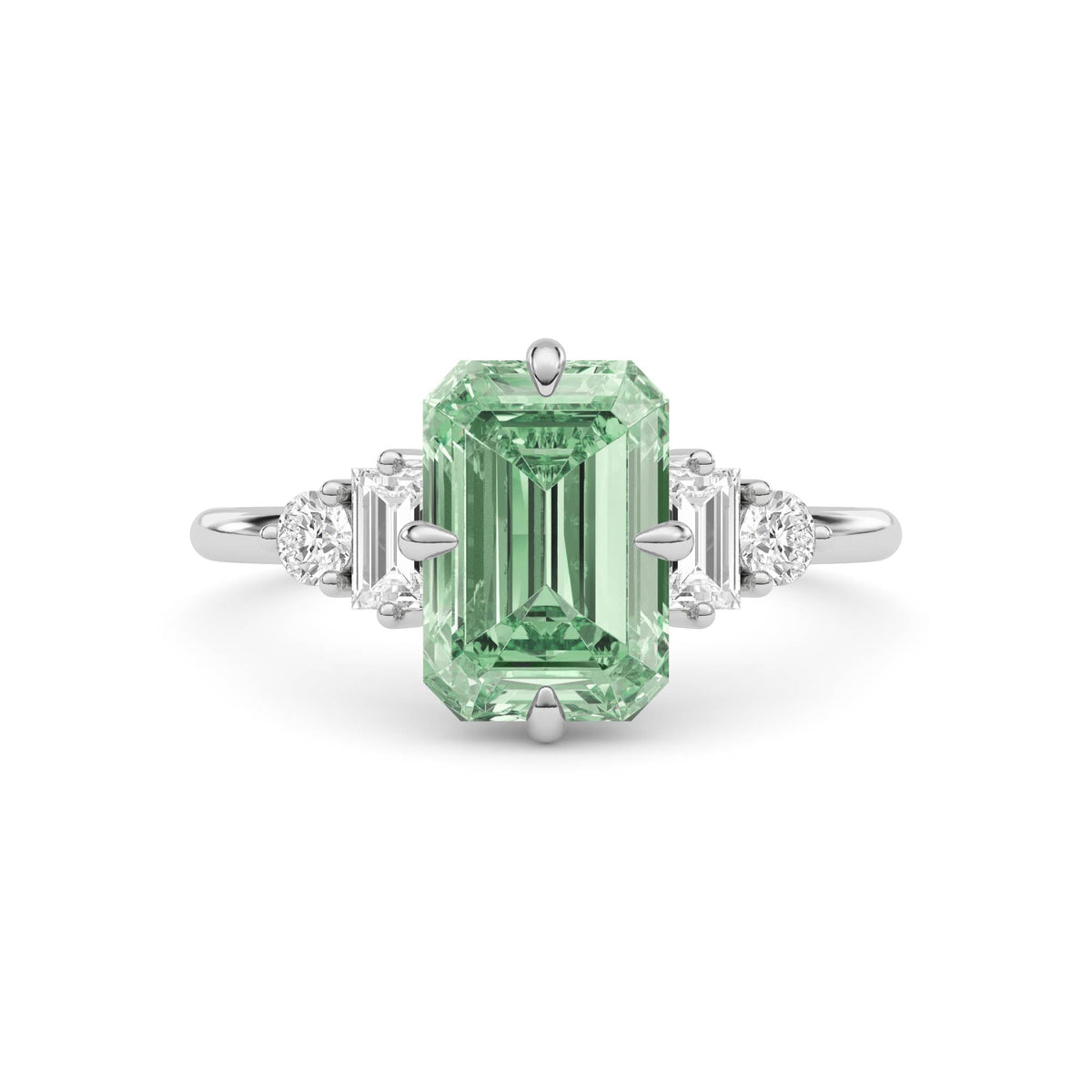 Silver Fancy Green Emerald Cut Three Stone Diamond Engagement Ring with Tapered Baguette and Round Side Stones