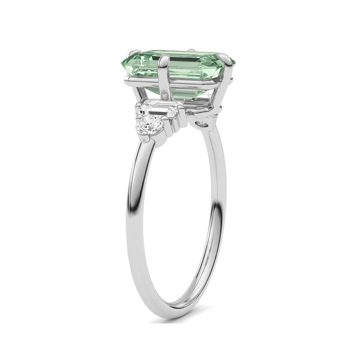 Silver Fancy Green Emerald Cut Three Stone Diamond Engagement Ring with Tapered Baguette and Round Side Stones