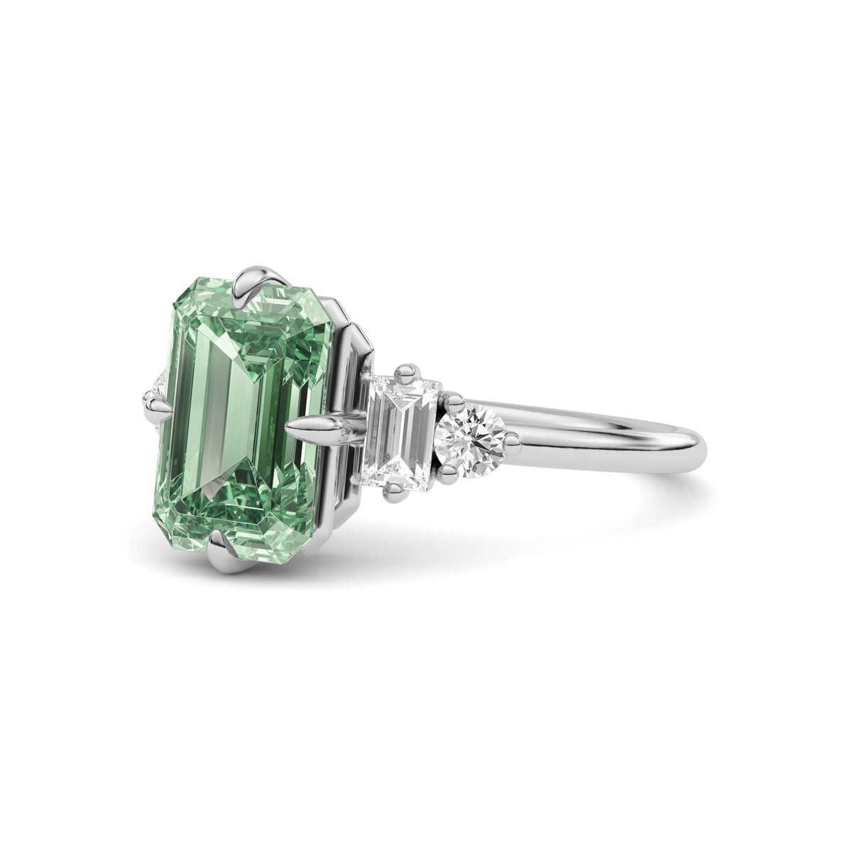 Silver Fancy Green Emerald Cut Three Stone Diamond Engagement Ring with Tapered Baguette and Round Side Stones