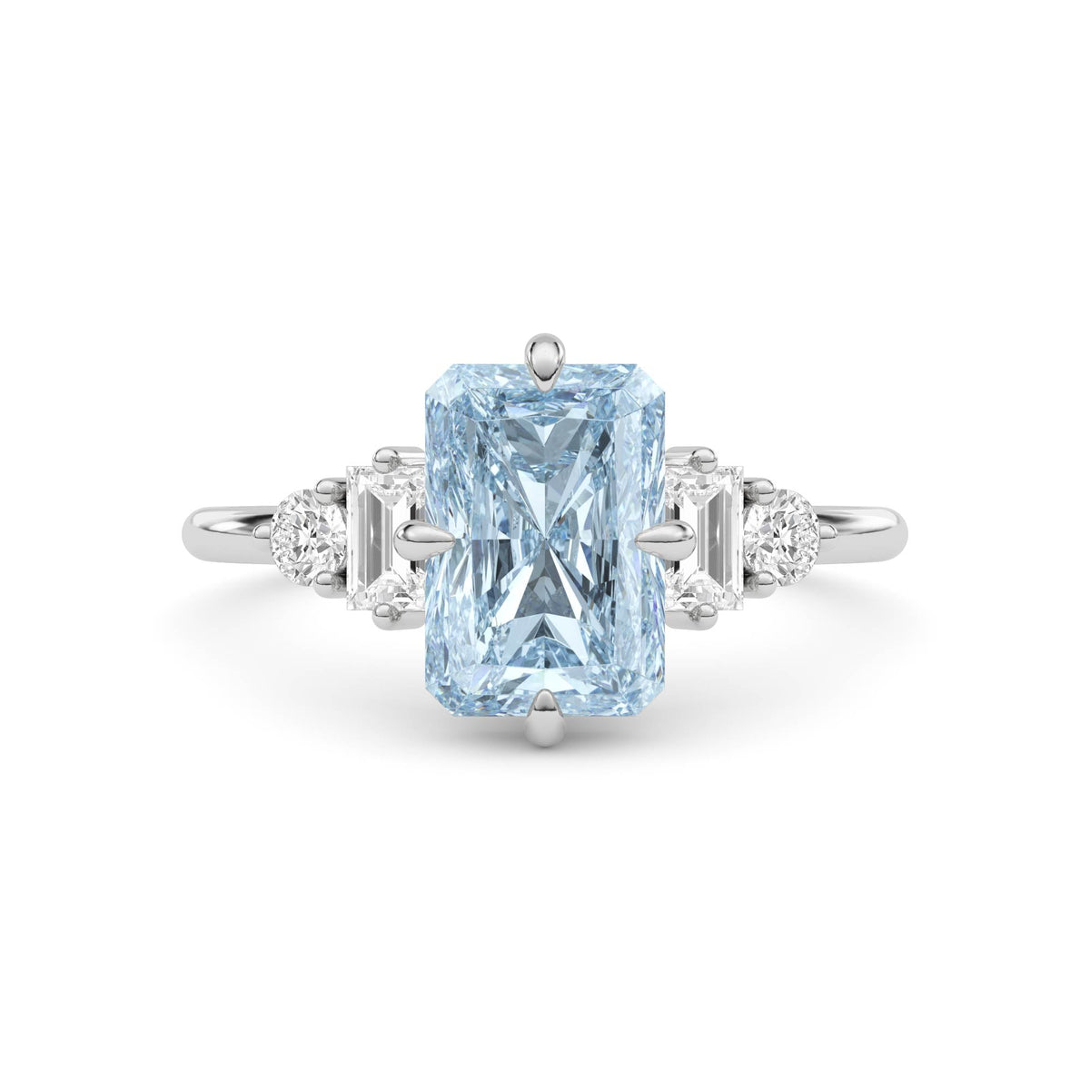 Platinum Fancy Blue Radiant Cut Three Stone Diamond Engagement Ring with Tapered Baguette and Round Side Stones