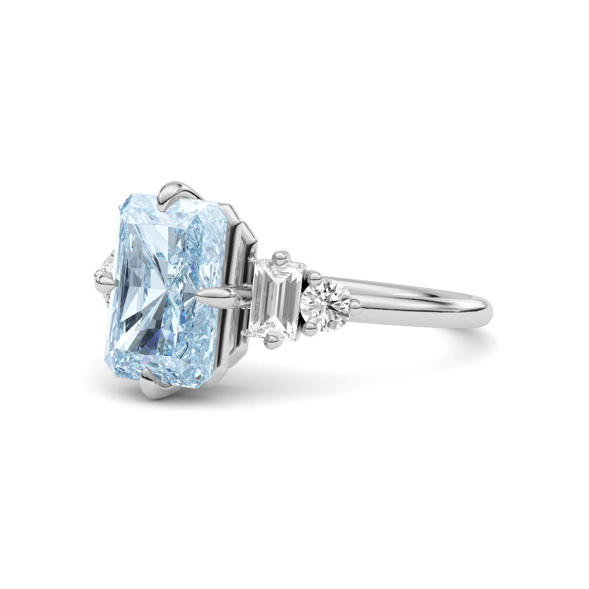Platinum Fancy Blue Radiant Cut Three Stone Diamond Engagement Ring with Tapered Baguette and Round Side Stones